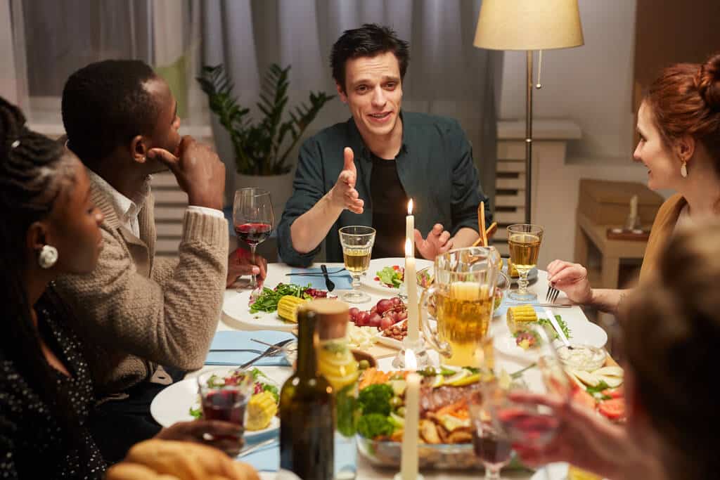 A group of friends in a dinner party.